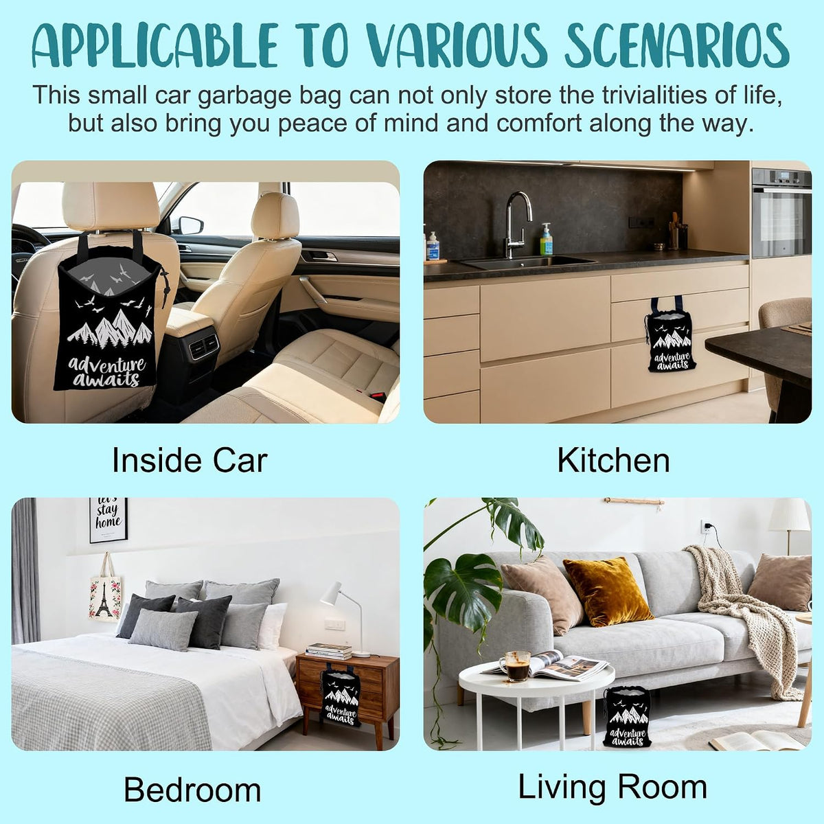 Adventure Awaits Car Garbage Bag Mountain and Bird Hanging Canvas Car Trash Bag Drawstring Car Back Seat Organizer for Car Back Front Seat Console with Adjustable Buckle