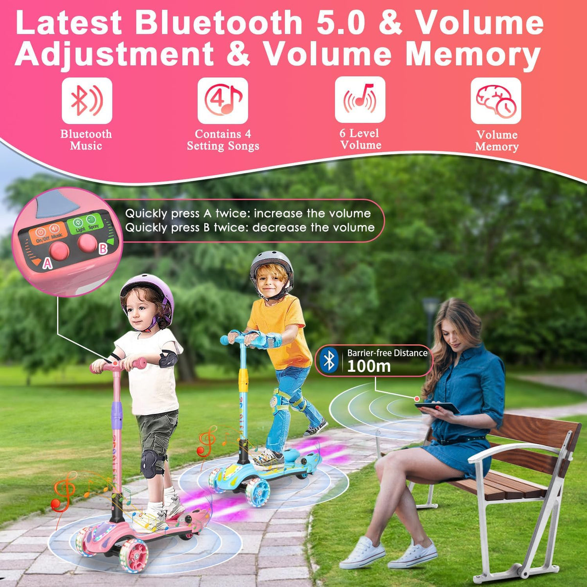 Skiennix 3-Wheel Scooter for Kids - Bluetooth Speaker, LED Lights, Foldable Design | Ages 3-10