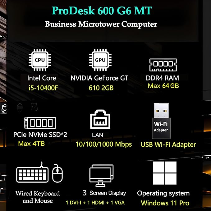 HP Desktop Computer Tower PC, Intel i5-10400F, 16GB DDR4, 512GB PCIe SSD | WiFi Adapter, Keyboard & Mouse Included, Slience Design for Home use& Student Daily Study, Windows 11 Pro, Jet Black
