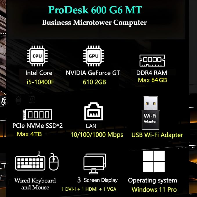 HP ProDesk 600 Desktop Computer, i5-10400F, 16GB RAM, 1TB SSD, GT 610 | Ideal for Office Work, Web Browsing, Remote work, and Everyday Multitasking; WiFi Adapter, Compact Design with Win 11 Pro