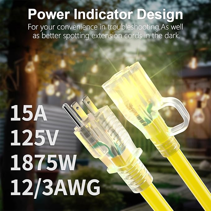 HUANCHAIN 12/3 Gauge Heavy Duty Outdoor Extension Cord 10 ft Waterproof with Lighted end, Flexible Cold-Resistant 3 Prong Electric Cord Outside, 15Amp 1875W 12AWG SJTW, Yellow, ETL