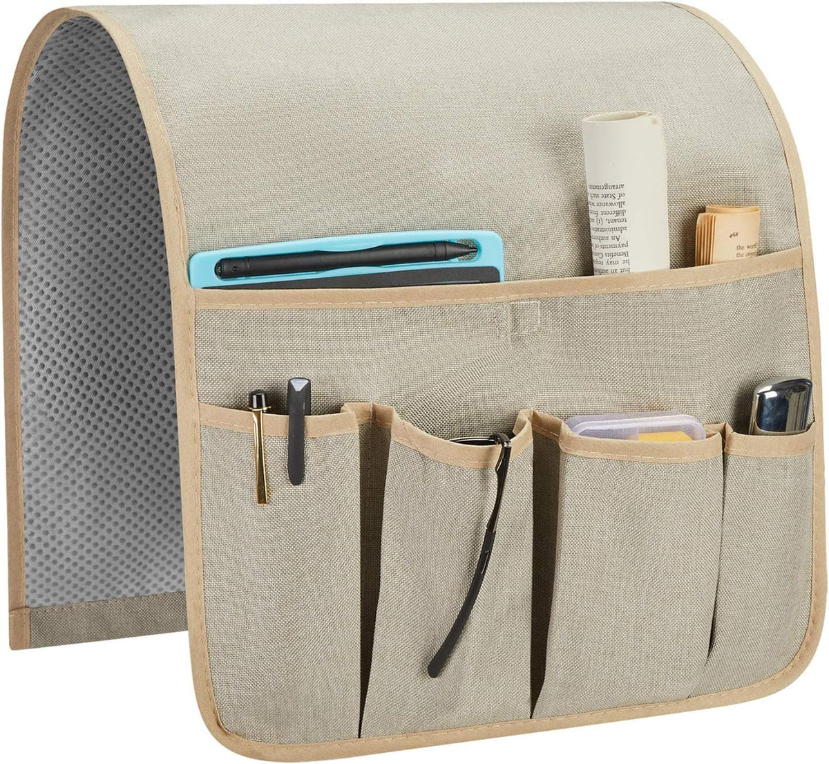 Sofa Armrest Organizer, Remote Control Holder for Recliner Couch, Arm Chair Caddy with 6 Pockets for Magazine, Tablet, Phone, iPad (Beige, W19'' x L33'')