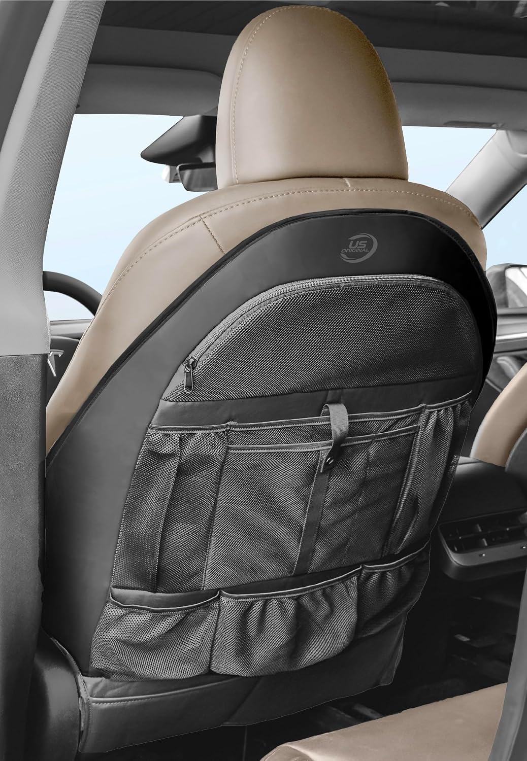 Back Seat organizer for Tesla Model 3 / Model Y (Premium Vegan Leather) Custom fit Car Seat Back Protector with Storage Pockets (Black)
