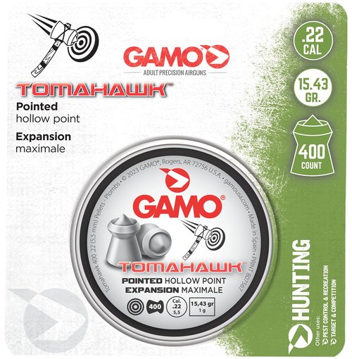 Gamo, Tomahawk Pointed Hollow Point .22 Cal. Pellet Air Rifle Ammunition, .22 Cal Hollow-Point Pellet Ammunition for Air Guns, 400 Pellet Tin, Maxmium Expansion