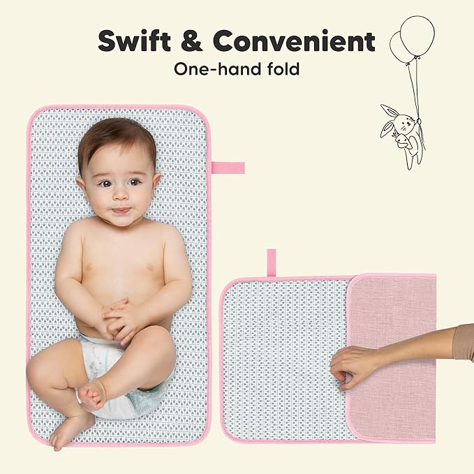 KeaBabies Portable Diaper Changing Pad, Easy Wipe Clean - Foldable Waterproof Baby Changing Mat for Diaper Bag, Compact, Lightweight, 25x13 Newborn, Infant, Baby Changer Travel Essential (Sweet Pink)