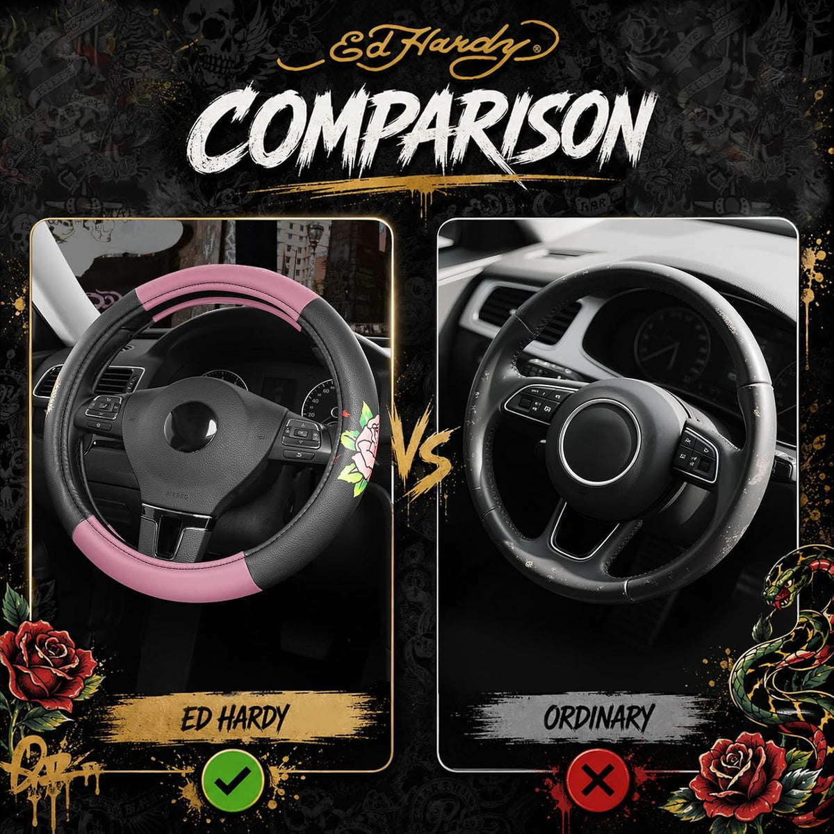 ED HARDY Tiger Print Steering Wheel Cover, Pink Leather Universal Car Streeing Cover, Fits 14.5-15.5 Inch Steering Wheels, Anti-Slip Comfortable Grip, Durable Auto Interior for Cars, SUVs, Trucks