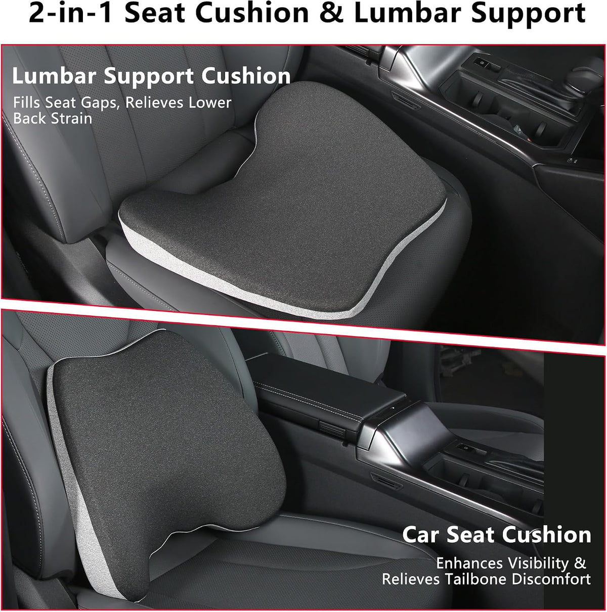 2 in 1 Car Seat Cushions or Lumbar Support Pillow for Driving, Memory Foam Truck Seat Pad for Office Chair, Sciatica & Lower Back Pain Relief, Grey