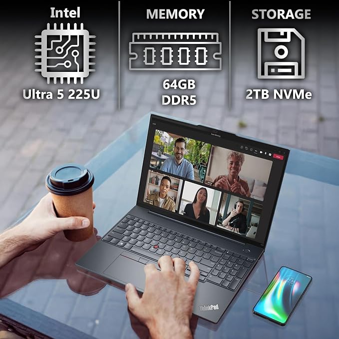 Lenovo ThinkPad T16 Gen 4 Business Laptop 16 FHD+ Display, Intel Ultra 5-225U (Beats i7-1355U), 64GB DDR5 RAM, 2TB SSD, 5MB Webcam, Fingerprint, Backlit KB, WiFi 6E, RJ-45, Win 11 Pro