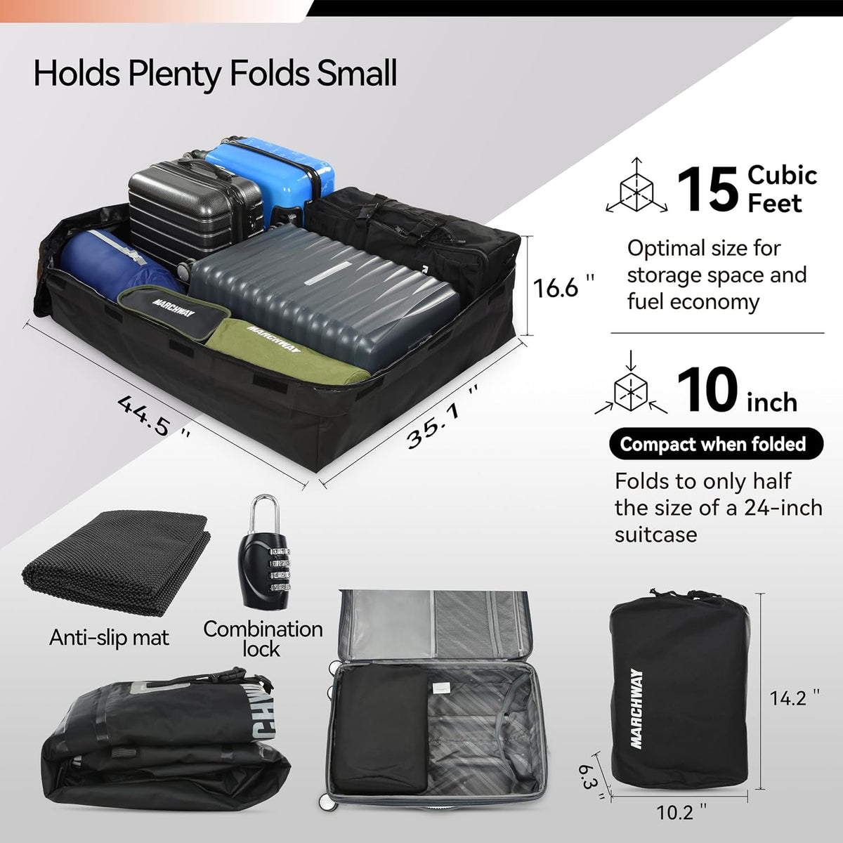 MARCHWAY Waterproof Car Roof Luggage Bag, Weatherproof Soft Shell Rooftop Cargo Carrier Bag for Vehicles with or Without Rack. 6 Door Hooks, Anti Slip Mat, Lock Included (15 Cubic Feet, Orange)