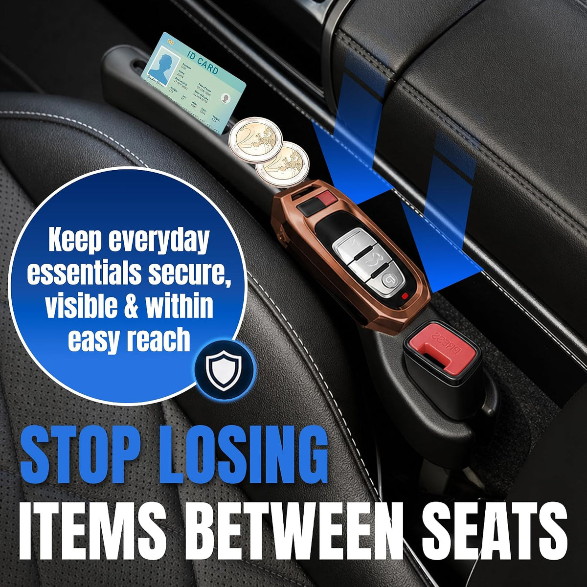 Car Seat Gap Filler 2 PCS, Durable PU Seat Gap Organizer, Prevents Phones, Keys, Coins & Cards from Falling Between Seats, Universal Fit for Cars, SUVs & Trucks