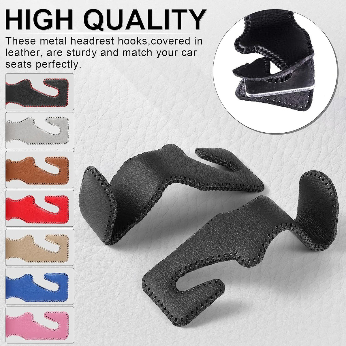 LivTee Headrest Hook for Car, Back Seat Organizer Black Leather Hanger Holder Hook, Interior Car Accessories for Hanging Purses Bags Coats, 4 Pack