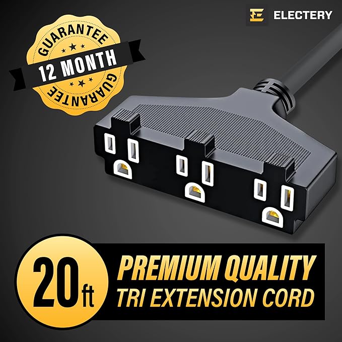Extension Cord Outdoor Multiple Plugs - 20 Ft Black Extension Outdoor Power Strip, 16/3 SJTW Waterproof Power Cable Indoor/Outdoor Multi Plug Outlet, ETL Listed