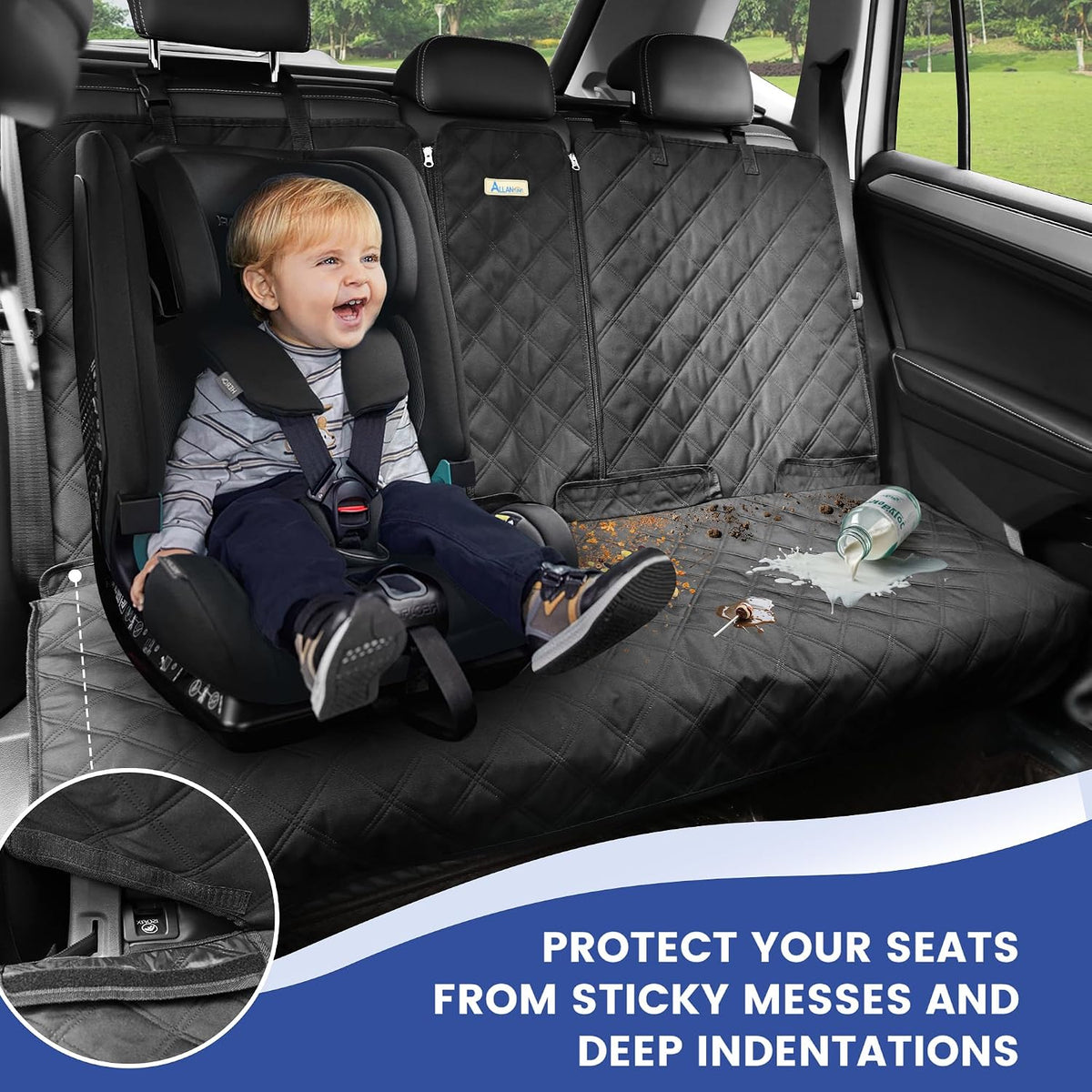 ALLANSING Back Seat Cover for Compact Cars and SUVs Rear Split Bench - 900D Oxford Waterproof Non-Slip Car Seat Protector for Messy Kids & Drooling Dogs, Easy Clean(Black)