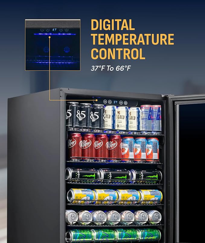 NewAir Beverage Refrigerator with Glass Door | 177 Can Mini Fridge for Bedroom, Dorm, Office, or Gaming Setup | Soda, Beer, and Wine Cooler | Black Stainless Steel