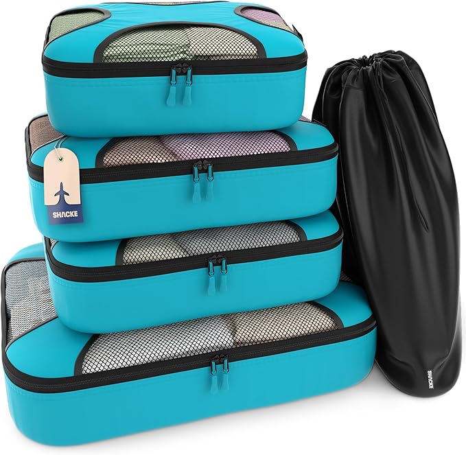 Shacke Premium 5 Packing Cubes Set - Lightweight Mesh Travel Luggage Organizers with Laundry Bag, 5-Piece Suitcase Storage System (Aqua Teal)