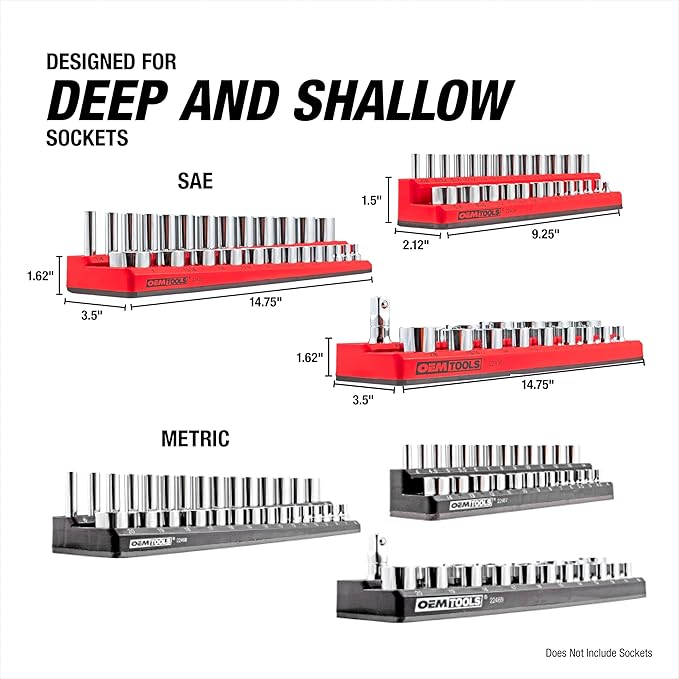 OEMTOOLS 22460 6 Pack Set Metric and SAE Magnetic Socket Tray Set, Red and Black Socket Organizers, 1/4, 3/8, 1/2 Inch Drive Socket Organizer Tray Set