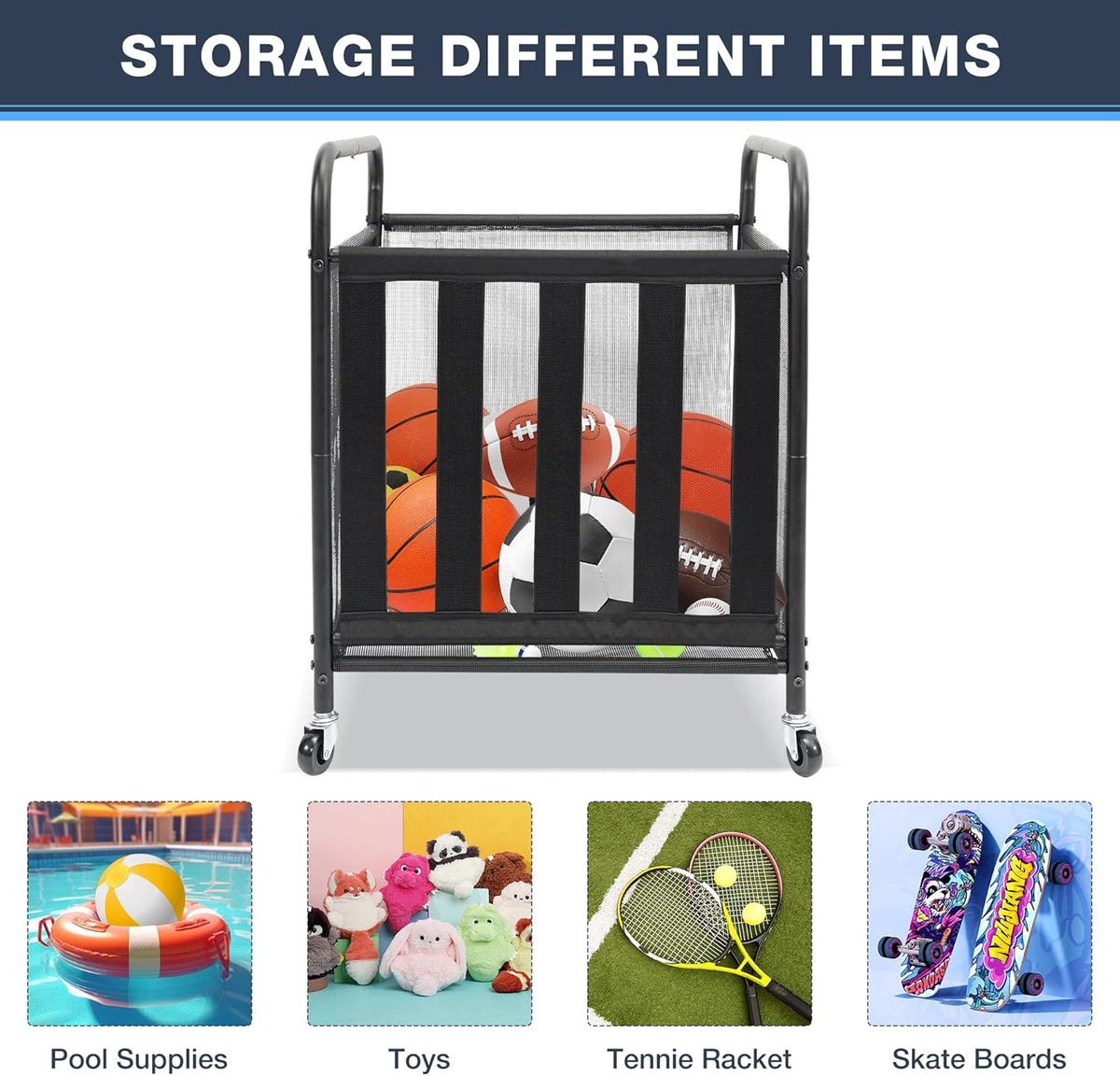 STO STO Rolling Sports Ball Storage Cart - Lockable Basketball Cage & Organizer | Steel Rack for Indoor/Outdoor Use, Black