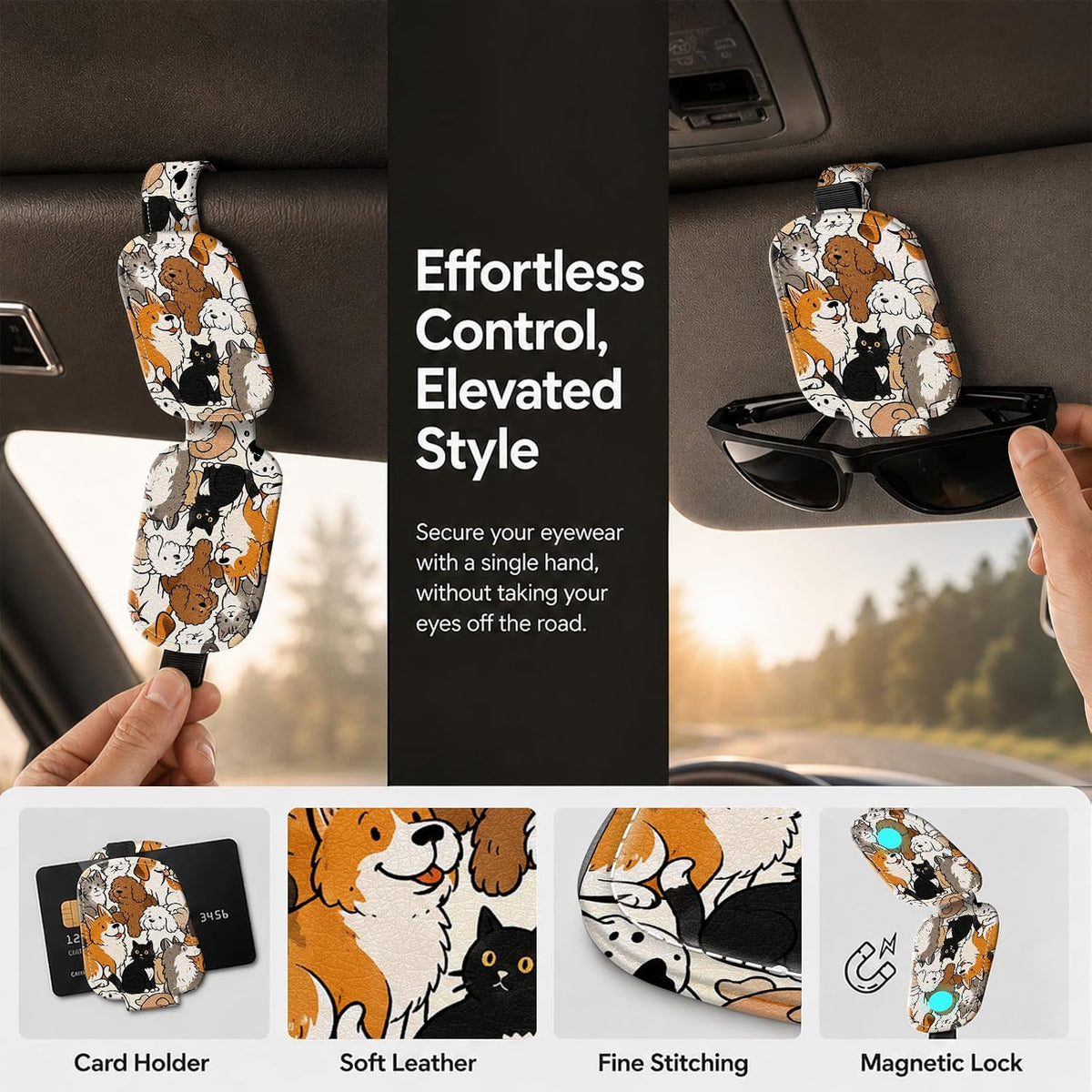 Sunglasses Holder for Car Visor, PU Leather Glasses Clip Organizer, Cute Magnetic Eyeglass Holder for Vehicle Sun Visor, Car Interior Accessory for Women & Men, Puppy Kitten
