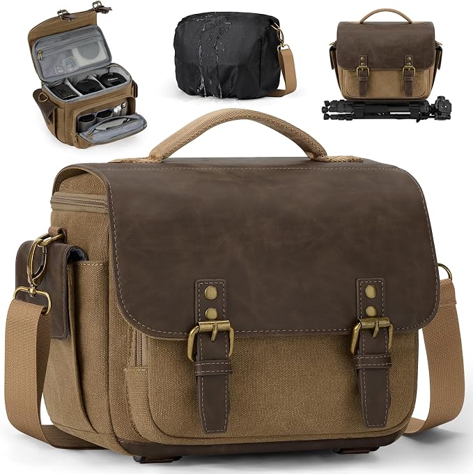 RAINSMORE Camera Bag, Vintage Canvas Camera Sling Bag Small Waterproof DSLR SLR