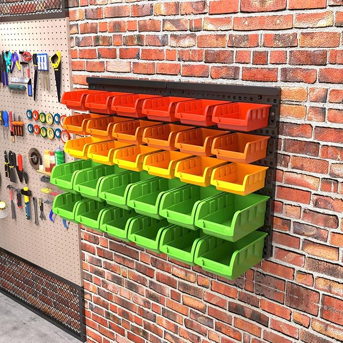 MULSAME Wall Mounted Storage Bins Parts Rack 4 Colors Bin Organizer Garage Plastic Shop Tool, Garage Organizers and Storage (Style-Vivid) 25.2"*16.2"