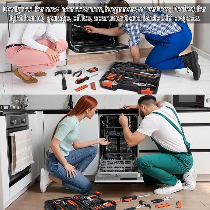 MARTCOLOR 58 Piece Household Tool Set, General Household Hand Tool Kit with Plastic Toolbox Storage Case, All Purpose Household Tool Kit for Home, Garage, Office and College Dormitory Use, Orange