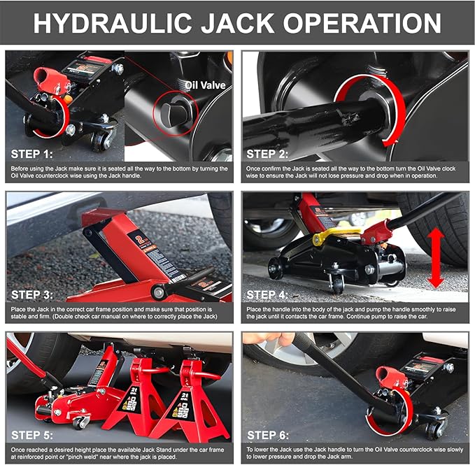 DNA Motoring 2 Ton Car Jack and Stands Kit 2T(4000 lbs) Capacity Low Profile Hydraulic Trolley Service/Floor Jack with 2 Ratchet Stands Combo for Home Garage Shop, Red, TOOLS-00476-RD