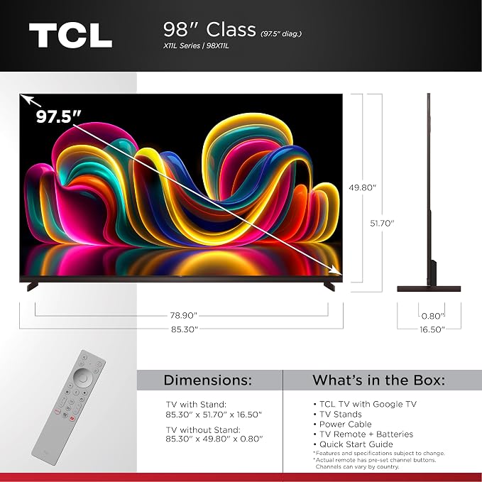 TCL 98 Inch Class X11L | SQD-Mini LED | 98X11L, 2026 Model | 144HZ Ultimate Brightness & Contrast Dolby Vision | Up to LD20K Precise Dimming | Gemini AI Smart Google TV | Dolby Atmos Bang & Olufsen