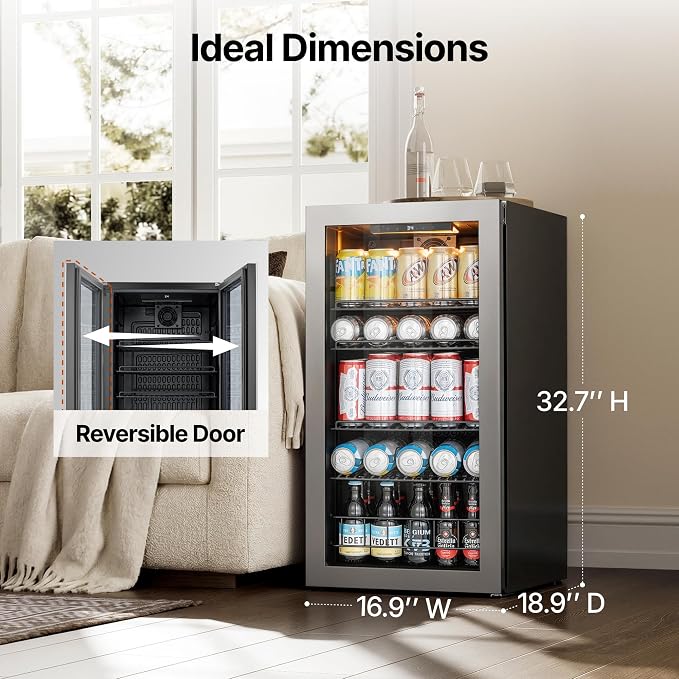 Ca'Lefort 105 Cans Mini Fridge, Beverage Refrigerator Cooler for Drink/Beer | 3.1 Cu.ft, Low-noise, Reversible Glass Door, 3-Color LED Lighting, Adjustable Shelves, 34℉ to 54℉