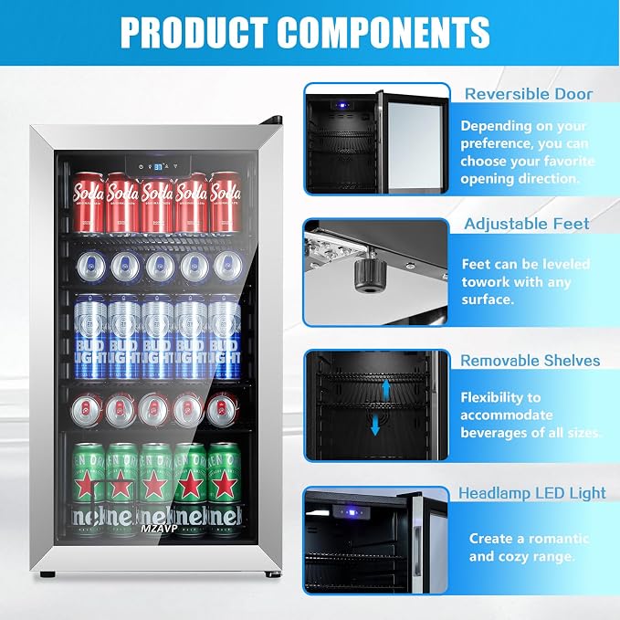 Beverage Refrigerator Cooler, 120 Can Mini Beverage Fridge with Reversible Glass Door for Soda Beer, 3 Cu.Ft Drink Fridge with Digital Temperature Control & Adjustable Shelves - Silver