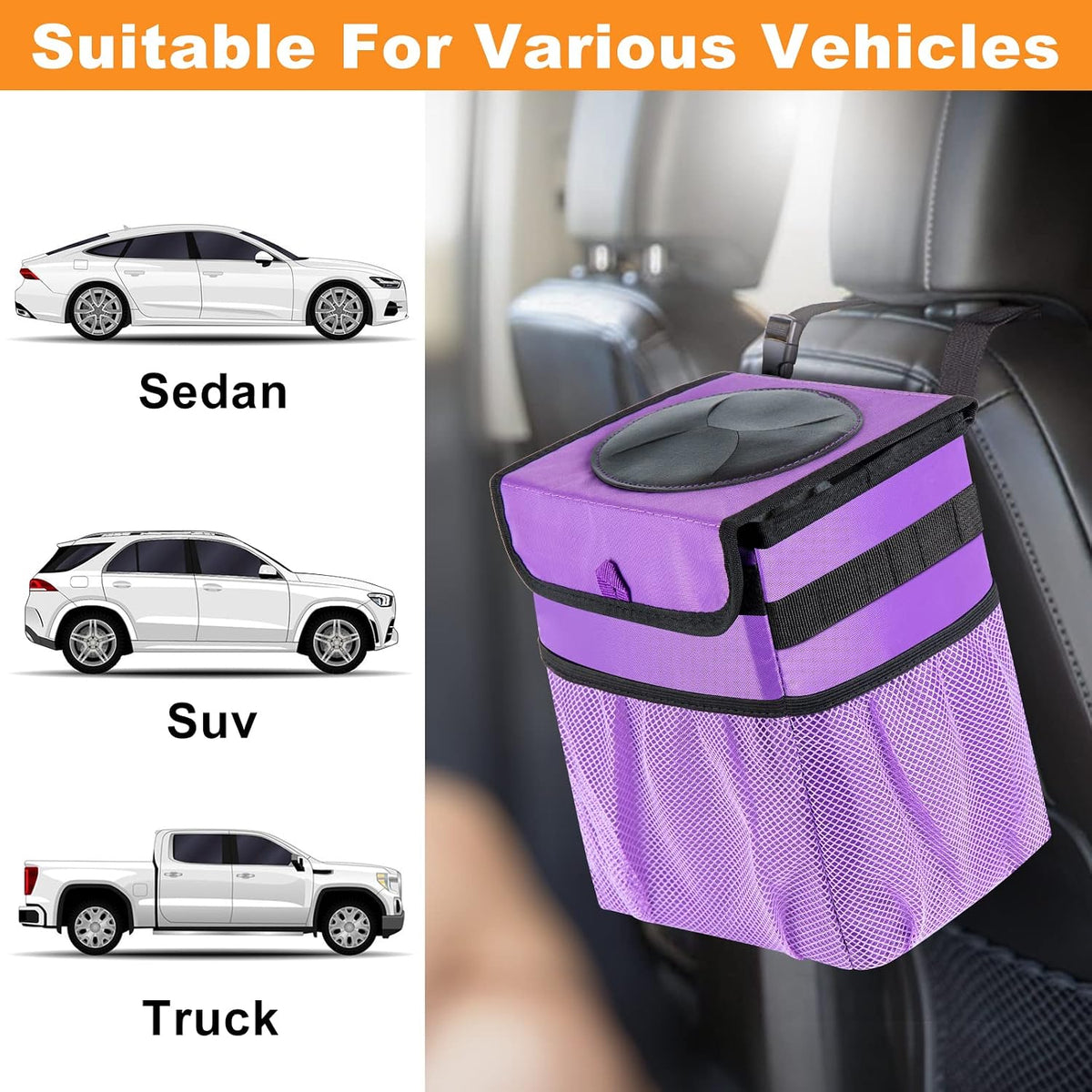 Car Trash Can Foldable Garbage Bin Leakproof 2.3 Gallons Car Trash Bag Purple