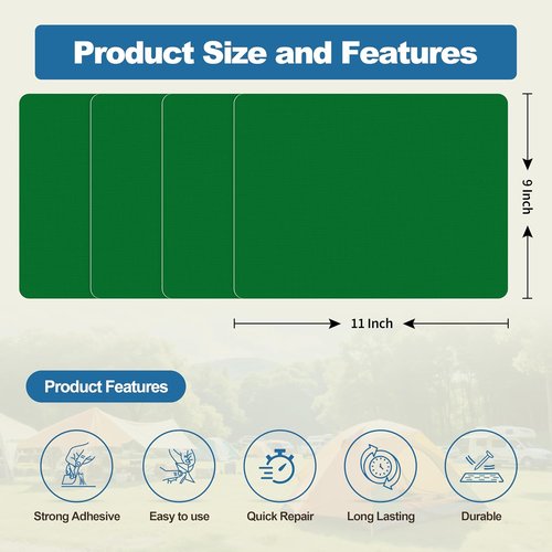 KING MOUNTAIN Self-Adhesive Nylon Fabric Repair Patch - Waterproof 9x11 Inches, 4 Pcs for Quick Outdoor Repairs | Grass Green