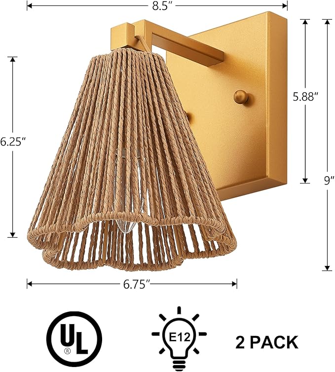 Set of 2 Wall Sconces Boho Hand Woven Rattan Wall Lights Brass Wall Lamp with Flower Wicker Shade for Bedside Hallway Vanity Stairway Fireplace Living Room, UL Listed