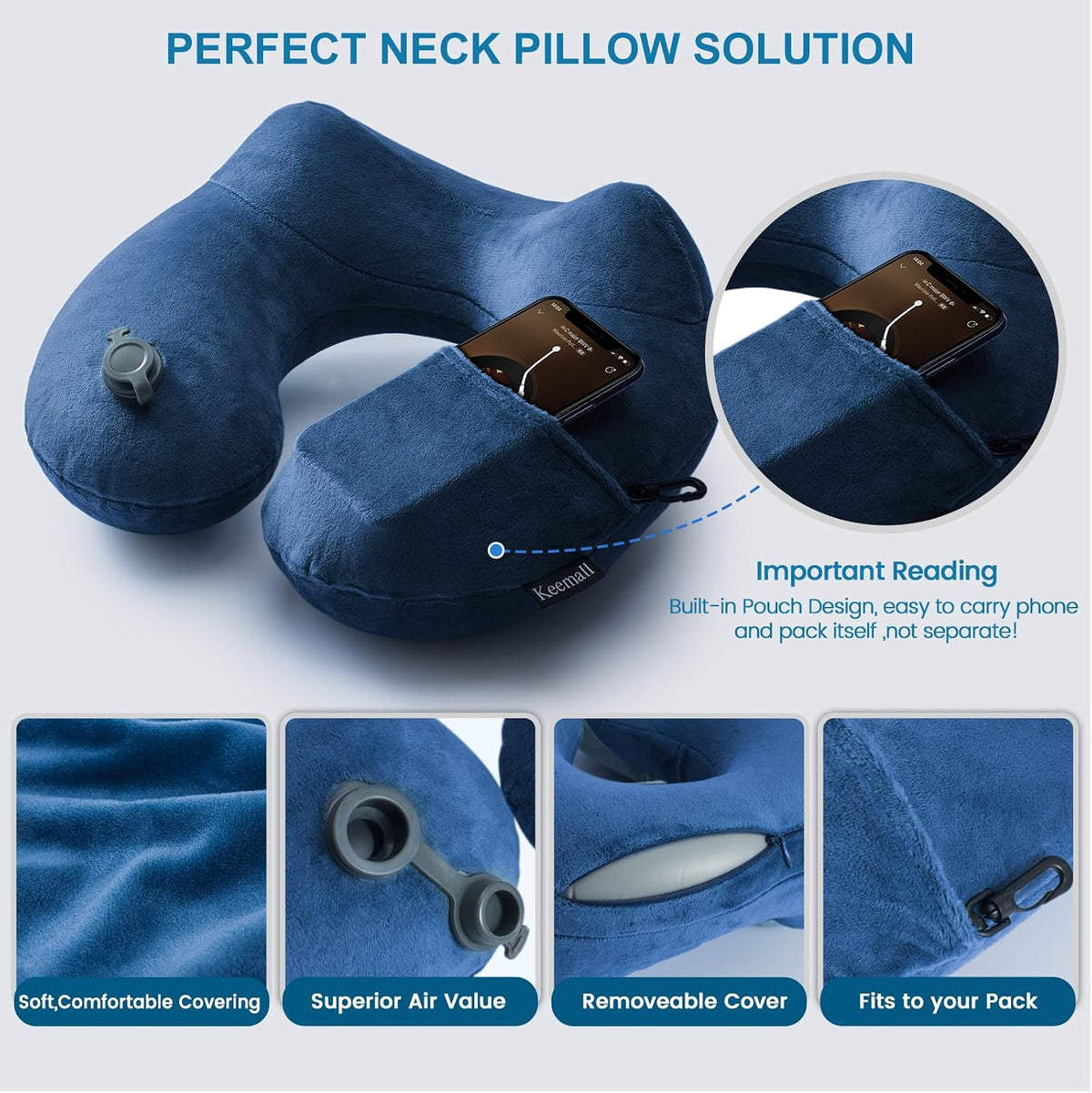 Keemall Inflatable Neck Pillow Airplane, Comfortable Inflatable Travel Neck Pillows for Airplanes Traveling on Plane, Soft Plush Cover Head Neck Rest Sleeping Long Flight for Car Train Office Home