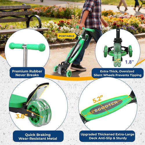 Foldable Kids Kick Scooter with Auto-Glowing Wheels & 3-Height Adjustment – Lean-to-Steer Fun, Ideal Gift for Boys and Girls Age 3/4/5/6/7