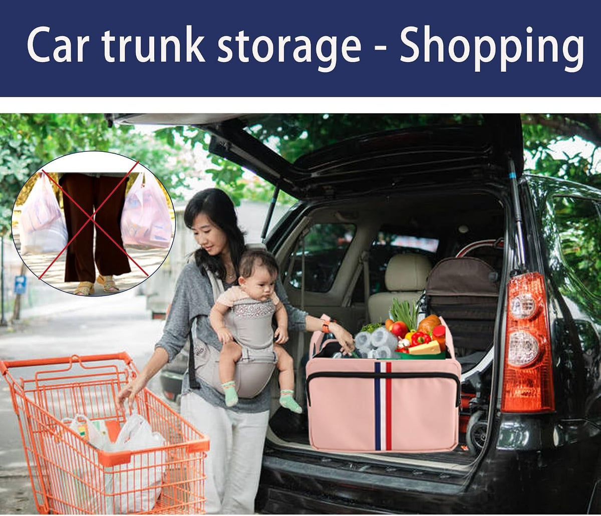Homeve Trunk Organizer for Car, Waterproof Collapsible 3 Compartments Car Organizer, Foldable Storage for Car Accessories, Tools, Sundries for Women Men, Tote Bag (Pink, Standard)