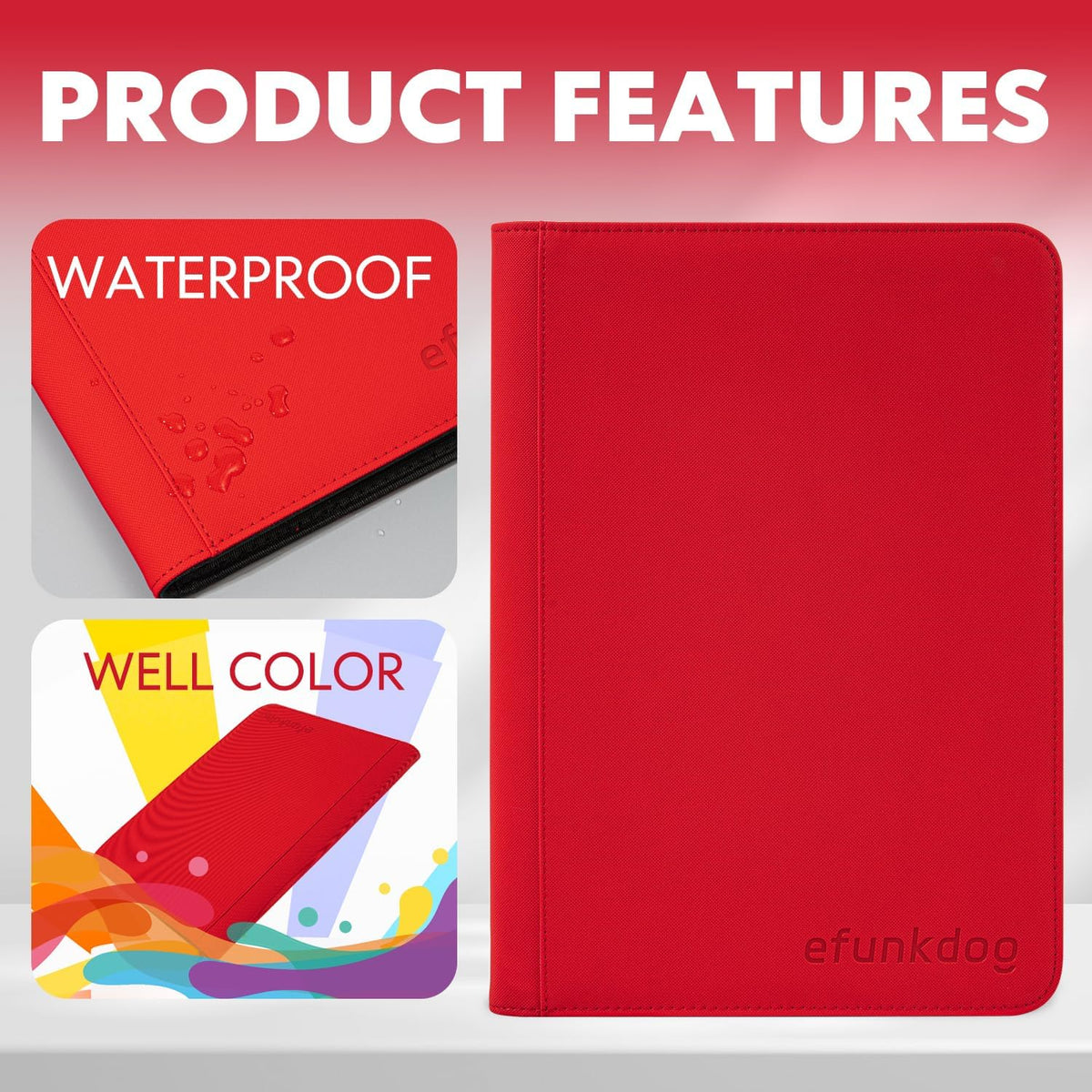 Trading Card Binder - 9 Pocket Album with Zipper | 360 Side Loading PU Cover for TCG & Sports Cards (Red)