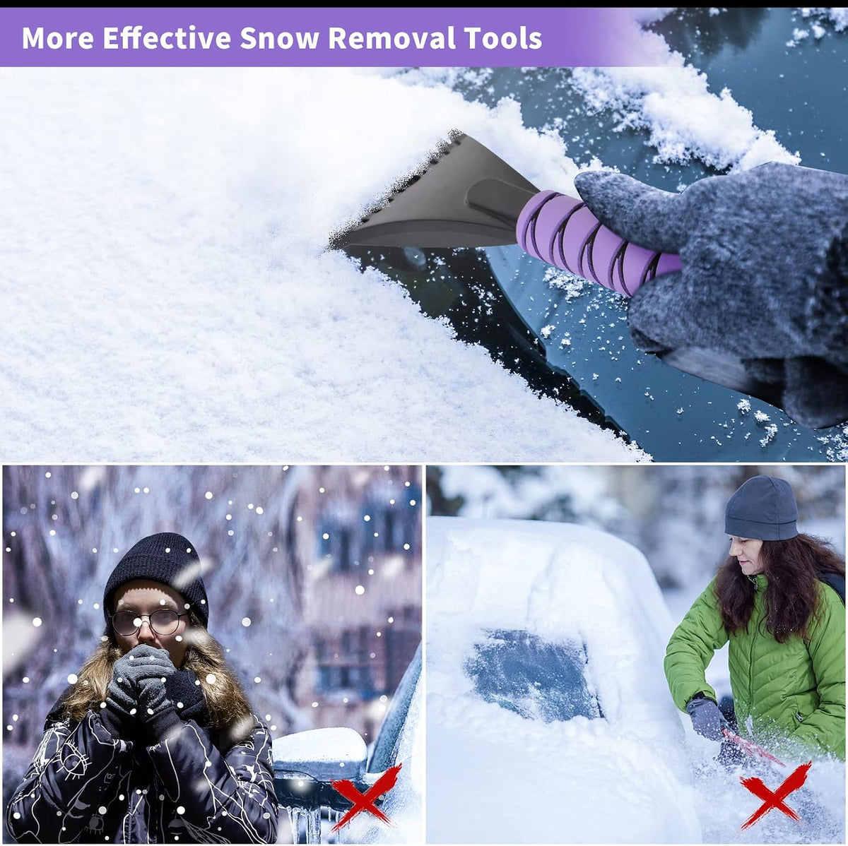 OUSHASAA 2 Pack 27" Snow Brush and Ice Scraper for Car Windshield - Purple | Soft Non-Scratch Bristles, Non-Slip Foam Grip, Detachable Design, Car Snow Removal Tool for Windshields & Windows