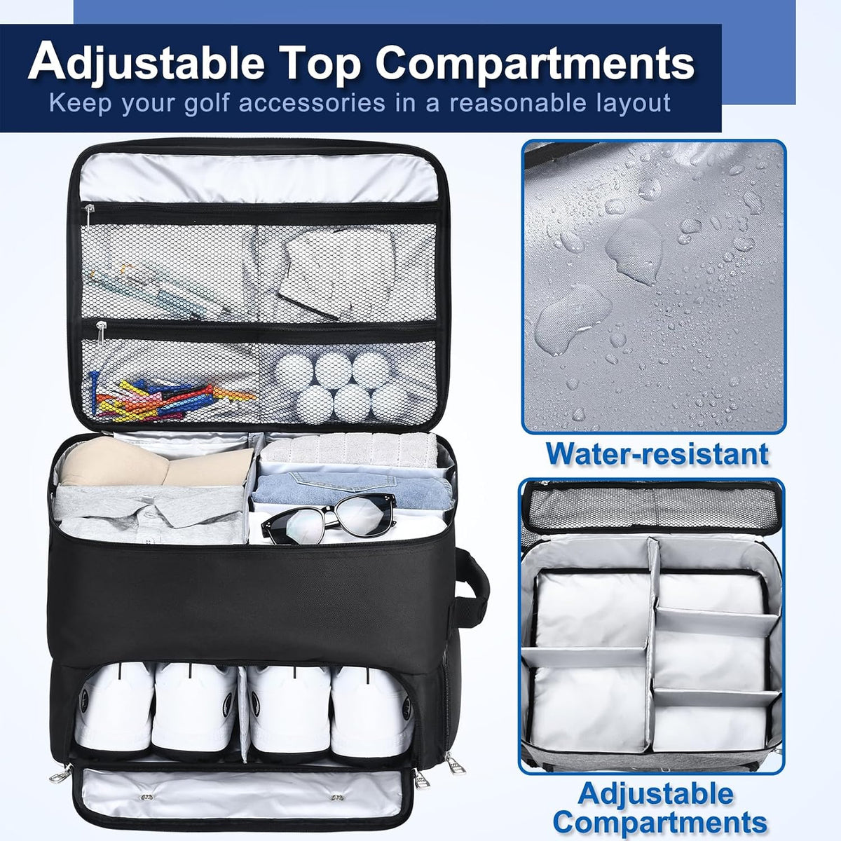 CAB55 Golf Trunk Organizer with 4 Wheels, 2 Layer Waterproof Car Golf Organizer with Separate Ventilated Compartment for 2 Pair Shoes, Golf Trunk Storage for Clothes, Accessories, Golf Gifts