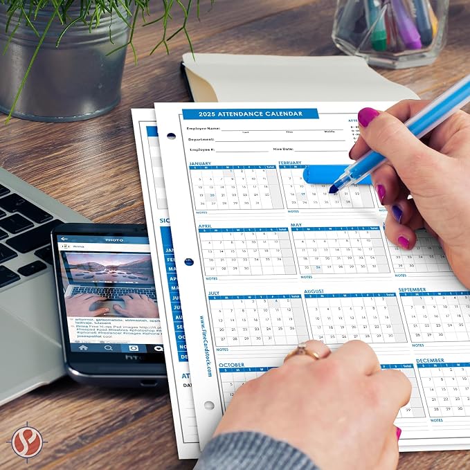 2025 Attendance Calendar Card Stock Paper – Great Employee Work Tracker |