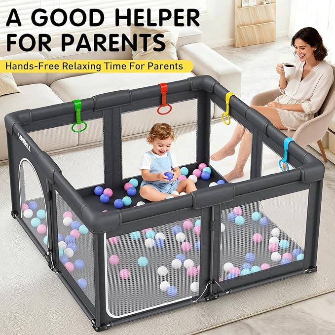Baby Playpen Foldable Playpen for Babies and Toddlers, Large Playpens Portable Play Pen with 2 Doors Play Yard for Kids Fence Indoor Outdoor 4 Handlers 50 Balls Baby Gifts Essentials 50"X50" Dark Grey