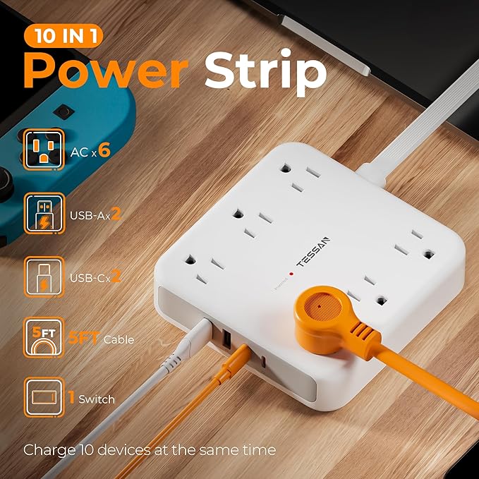 TESSAN 5Ft Grey Extension Cord with Multiple Outlets, Surge Protector Power Strip with 6 Outlets and 4 USB Ports (2 USB C), 2100 Joules Protection, Flat Plug, Outlet Extender for Home, Office, Dorm