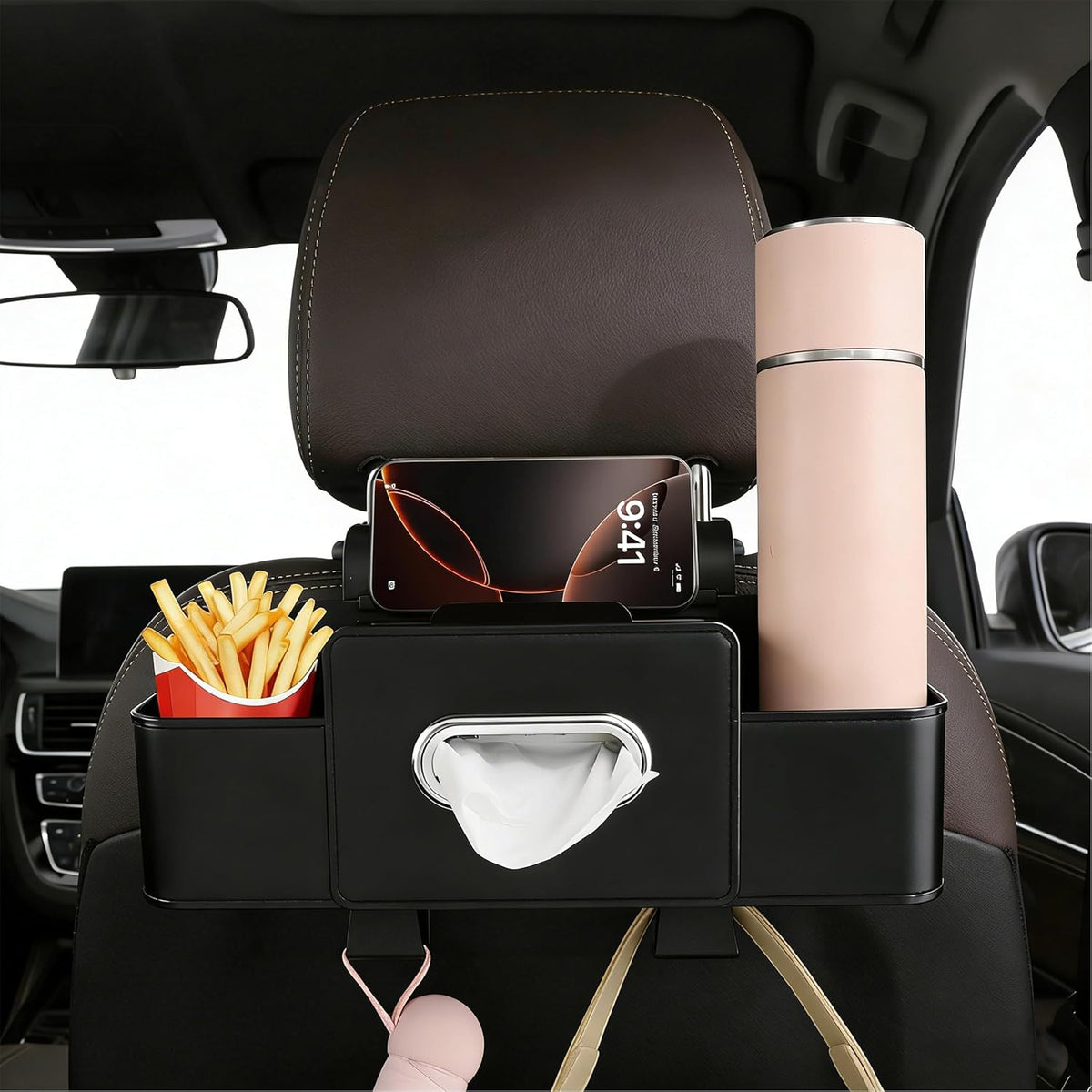 Amooca Back Seat Car Organizer, 4+2 in 1 Multifunctional Car Backseat Storage Box with 2 Cup Holders Tissue Box Hook, Car Interior Storage for Travel Phones Snacks Drinks(Black)