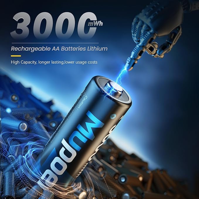 Mupoer Rechargeable AA Batteries 4 Count, Lithium Battery A 1.5V 3000mWh