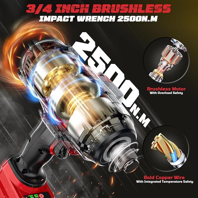 Cordless Impact Wrench 3/4 inch Compatible with Milwaukee Battery, Cerycose1850ft-lbs (2500N.m) Brushless Electric Impact Gun, High Torque Impact Driver, Heavy-Duty Automotive with 4 Sockets