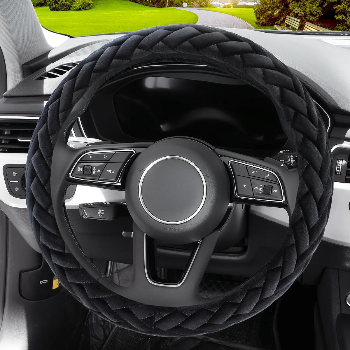 YHONGJT Soft Velvet Steering Wheel Cover Cute Hands Warm Fuzzy, Universal 15 Inch for Women Girls, Fit Vehicles, Sedans, SUVs, Vans, Trucks - Black