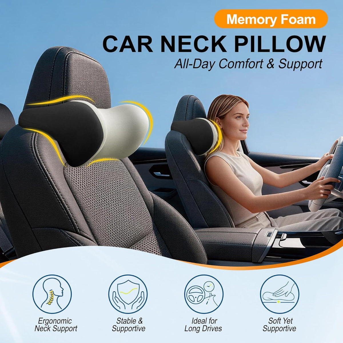 Allaboutsla 2-Pack Car Neck Pillow, Car Headrest Pillow for Neck Support | Memory Foam Car Neck Pillow for Driving with Neck Support, Adjustable Strap, Head Rest Pillow for Long Drives, Trucks, Beige