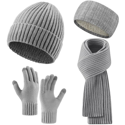 Breathffy 4 Pcs Winter Hat Scarf Gloves Headband Set Knit Beanie Touch Screen Gloves Long Scarf Valentine Gift for Women Men(Essential Style,Grey)