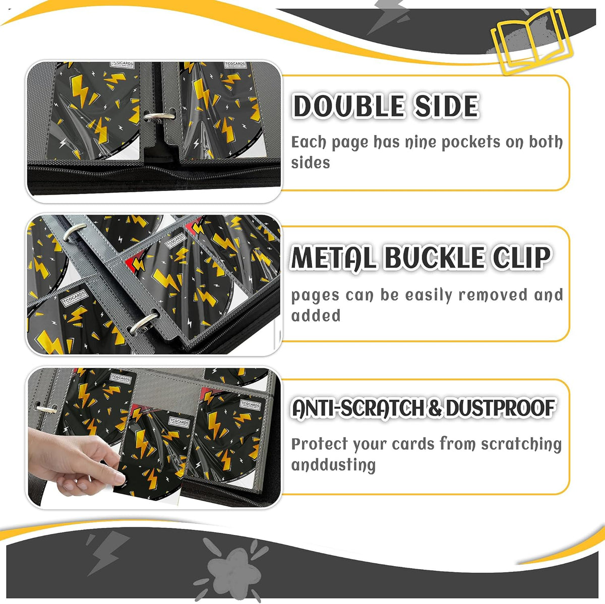 Trading Card Binder - 9 Pocket Album with 50 Removable Sleeves | Fits 900 Cards, Zipper Design, Black