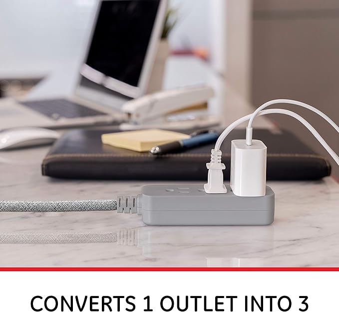 GE 3-Outlet Power Strip Mini Extension Cord with Multiple Outlets 5 Inch Braided Short Cord Extension Cord Grounded Flat Plug Extension Cord ETL Listed Gray 53199
