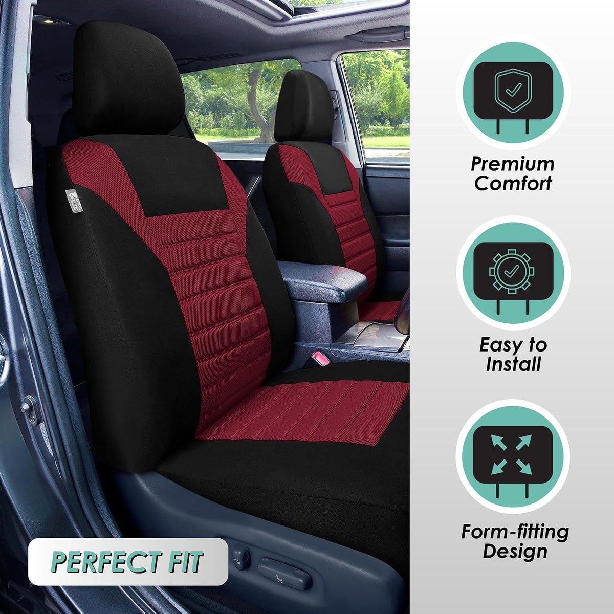 FH Group Car Seat Covers Full Set 3D Air Mesh - Universal Fit, Automotive Seat Covers,Low Back SeatCover,Airbag Compatible,Split Bench Rear Seat,Washable Car Seat Cover for SUV, Sedan Burgundy